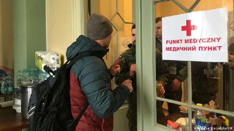 Medical help awaits the displaced at Przemysl train station.