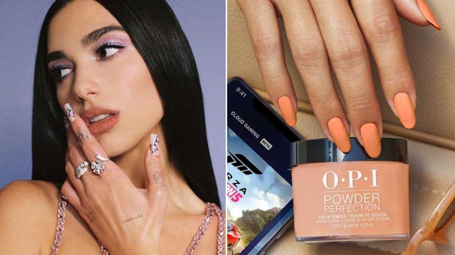 Dua Lipa’s butterfly nails, designed by artist Chaun Peth, with multiple gel colours; Opi’s dipping powders are a quick, odour-free alternative to acrylic