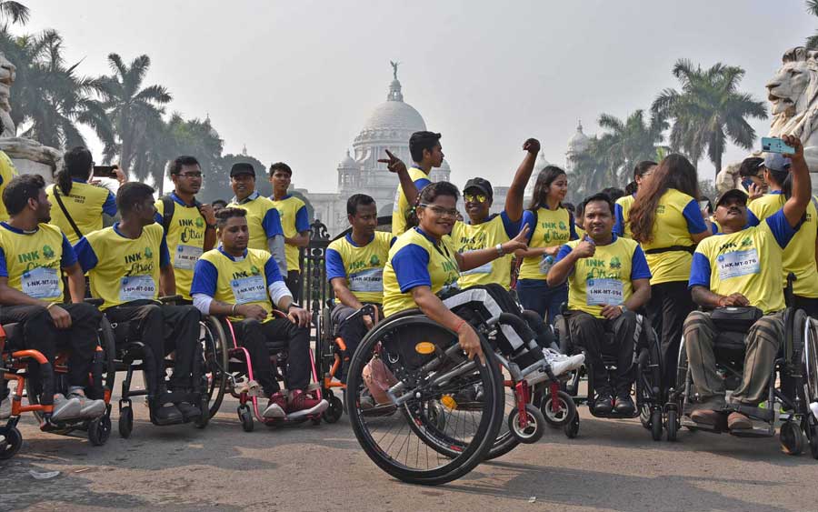 Participants at a 5km race for the disabled, organised by the Institute of Neurosciences Kolkata, at Victoria Memorial on Sunday