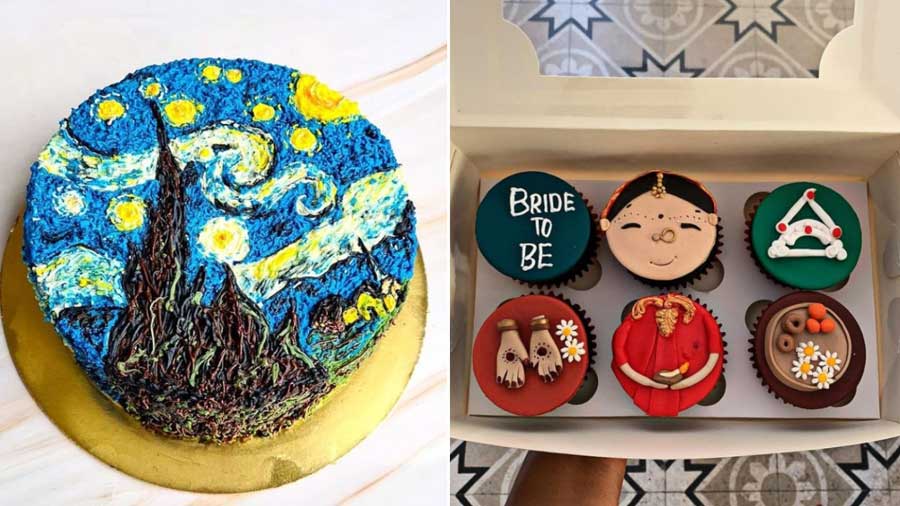 (Left) The Starry Night Cake by Swati Arora’s Sugar Story and (right) bachelorette cupcakes by 21B Bakery’s Suchi Dutta