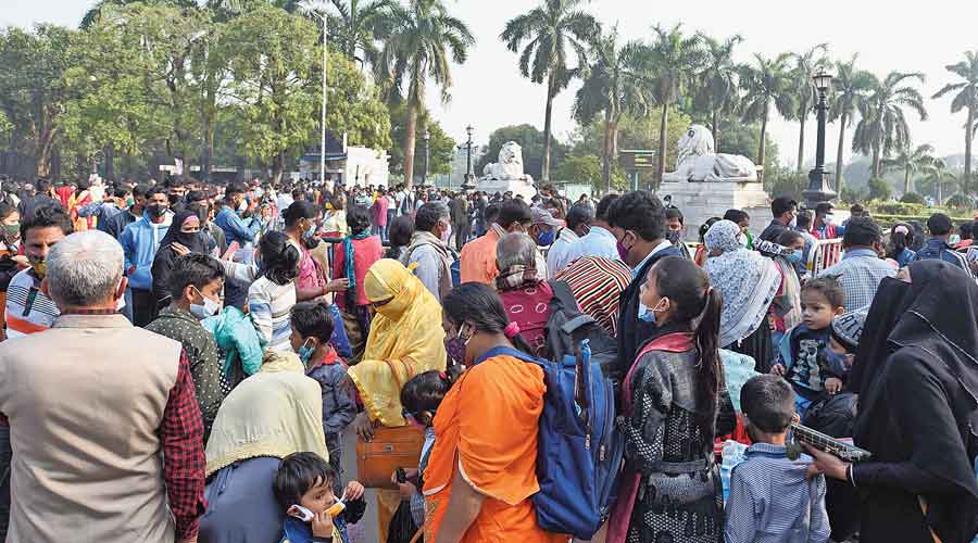 Visitors outside Victoria Memorial on Sunday morning. 