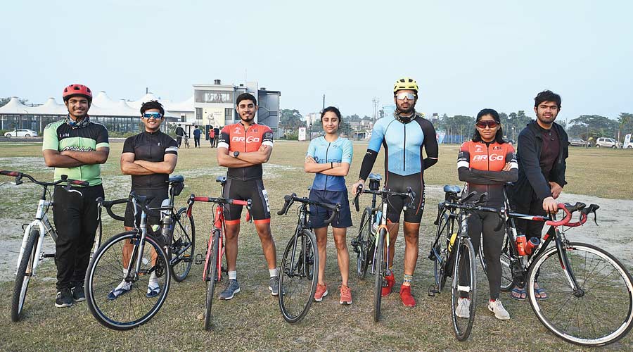 Premanjali Lahiri (third from right) and Sukriti Dam (right) with other cyclists in New Town on Sunday. 