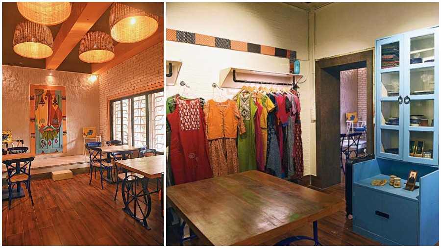 The space is divided into various sections, with the 35-seater cafe spread across three rooms with AC and Non-AC seating areas. The inside section of the cafe is spacious with four- seater tables. A splash of bright colours on the doors and windows give it a vibrant look and complement the wooden flooring. It is interestingly lit up with cane basket ceiling lights. Live performances can be hosted here too. The other sections of the cafe has two and three-seater arrangement as well. A room is dedicated to the boutique section decorated with cloth scraps and vibrantly painted wooden furniture. It has a variety of  Western and Indo-western outfits made out of sustainable fabrics and Indian prints. You can also spot colourful crockery and home decor pieces.