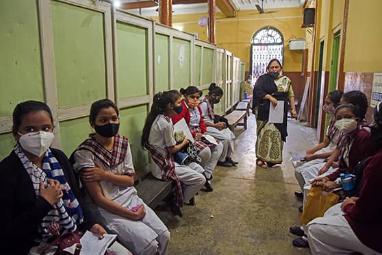 The waiting area at Town School, Kolkata — one of the 16 educational institutions in the city where the vaccine was administered. Registration for vaccination began on January 1. Appointments can be booked online or onsite (walk-in).