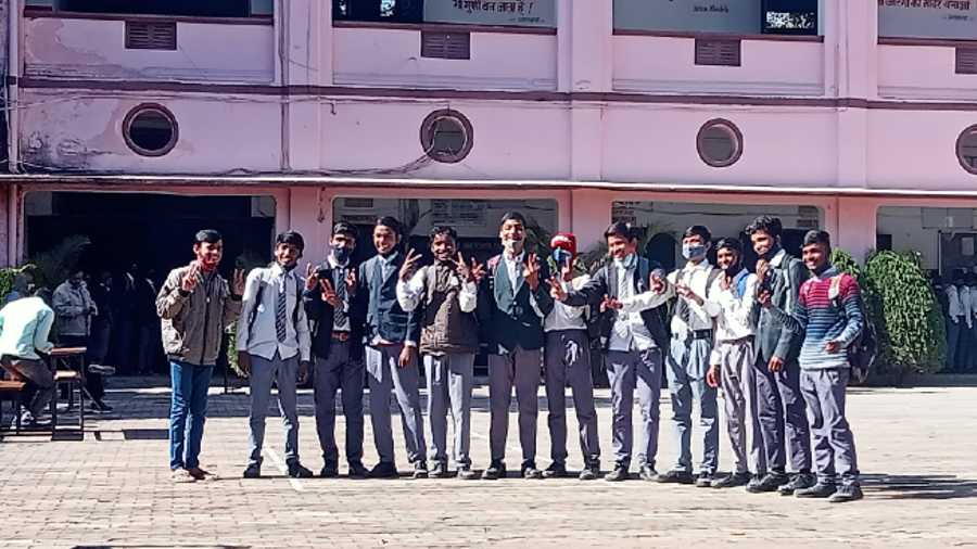 Enthusiastic students of Marwari School, Ranchi pose for The Telegraph before getting jabbed.