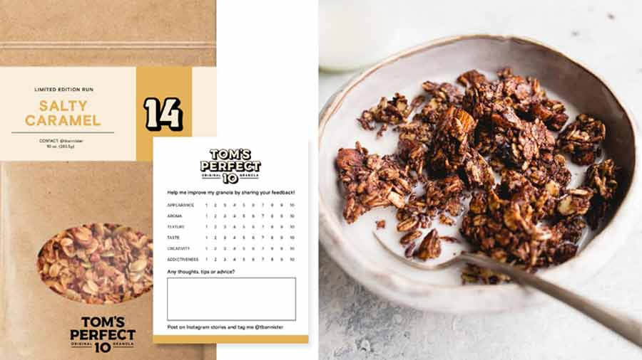 (L) Tom Bannister’s original, small-batch granola which is available on a subscription model; an Almond Joy granola (R)