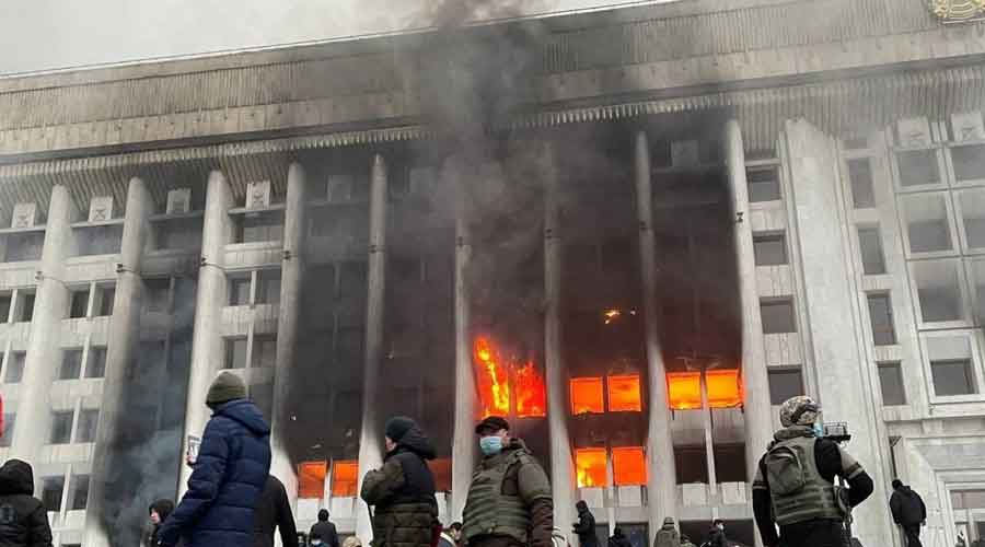 A burning building in Kazakhstan