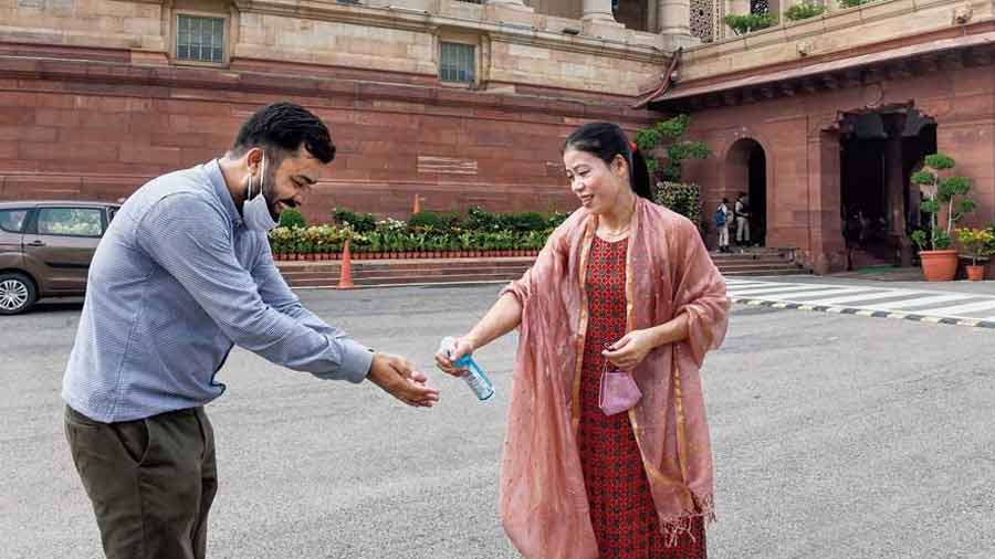 Mary Kom adhering to the Covid-19 protocol ahead of the monsoon session of the Indian Parliament in 2020