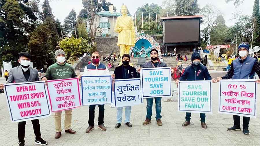The demonstration by the members of the tourism stakeholders’ association at Chowrasta in Darjeeling on Friday