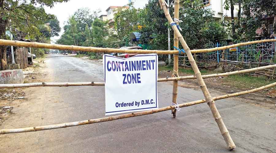 A barricade erected at a containment zone in Durgapur on Sunday.