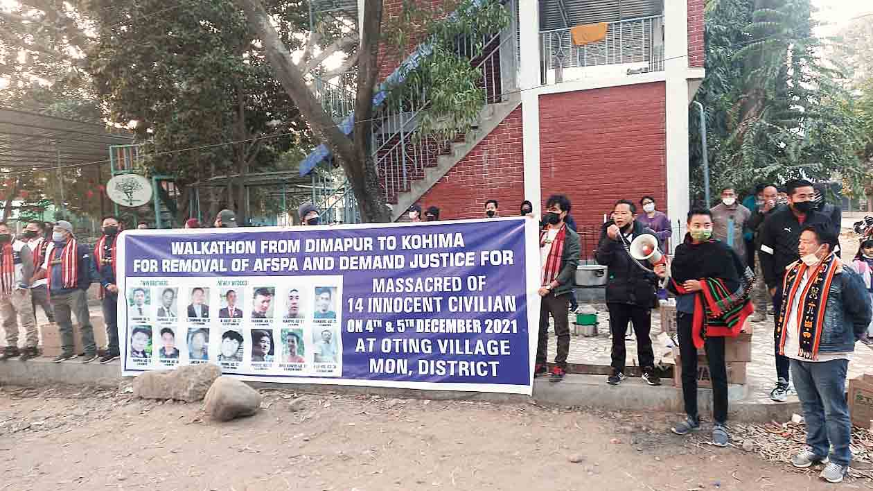 The walkathon participants with a banner in Dimapur on Monday