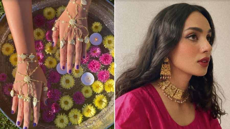 (L) A haathphool by The Olio Stories and (R) a re-imagined, gold-toned 'pattra' necklace by Nomad