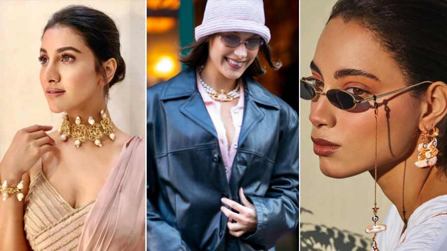 (L) Rukmini wears a choker by Sakshi Jhunjhunwala; (C) Bella Hadid sports the Tik Tok pearl necklace and (R) Outhouse’s convertible chain