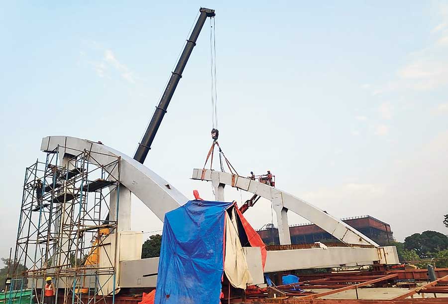 Steel girders of Tallah bridge being launched on Thursday.