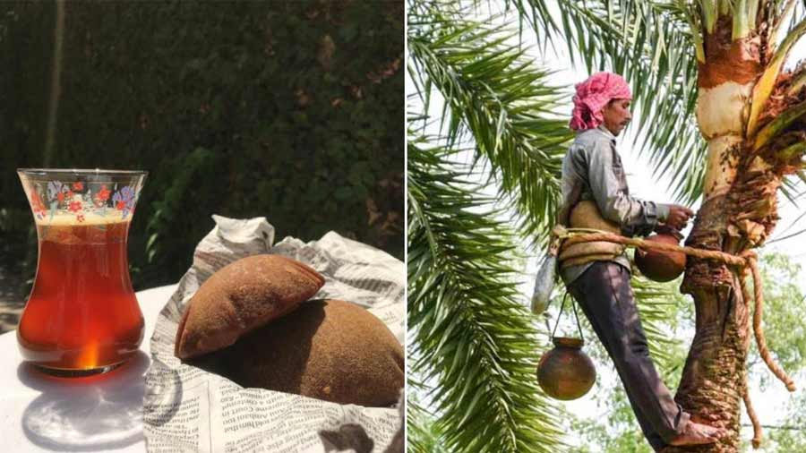 (Left) Jhola and patali gur; (right) collecting khejur gur from the tree sap 