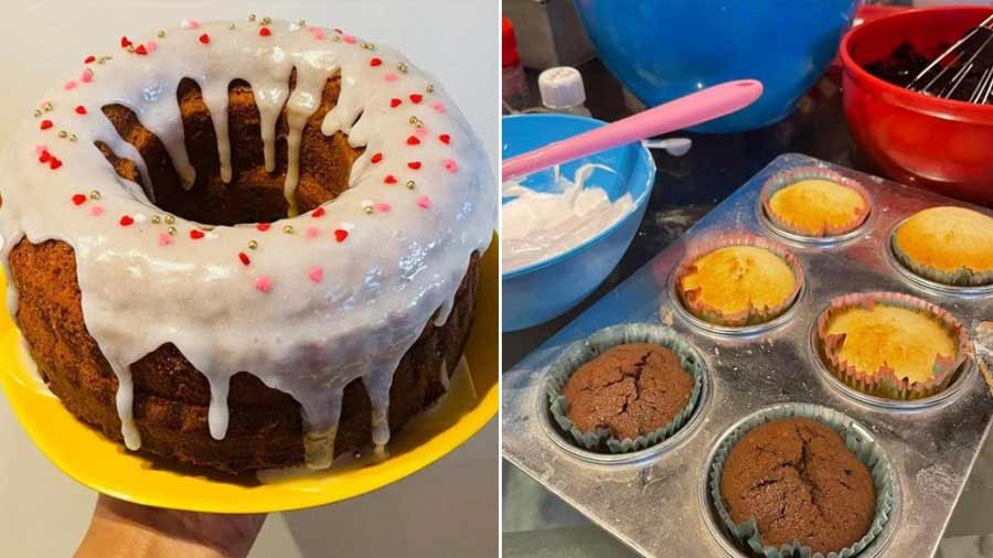 A bundt birthday cake by Whisk and Frost (L); cupcake-making in progress