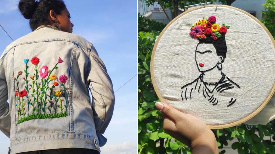 (Left) a denim jacket with a floral back and (right) an embroidered Frida Kahlo hoop