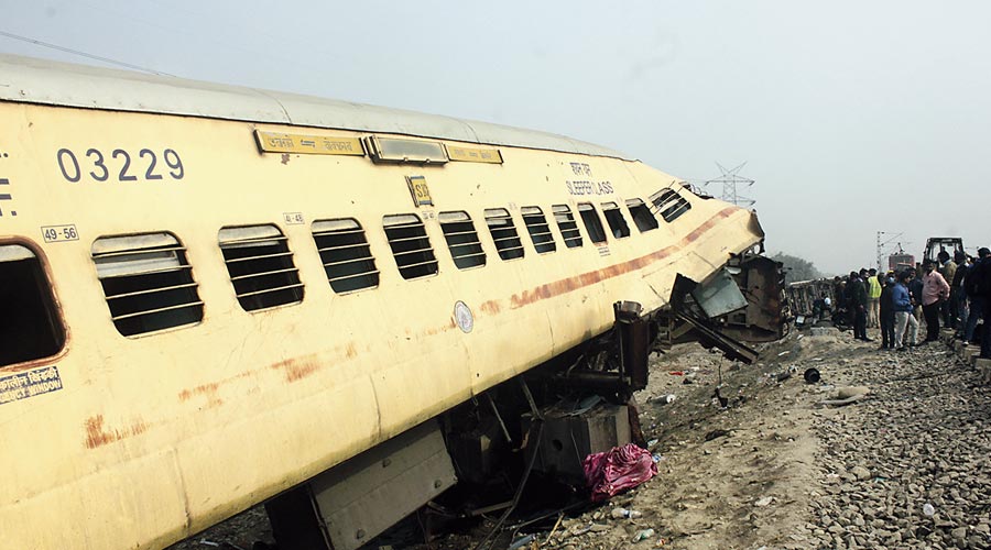 A derailed coach of the Guwahati-bound train