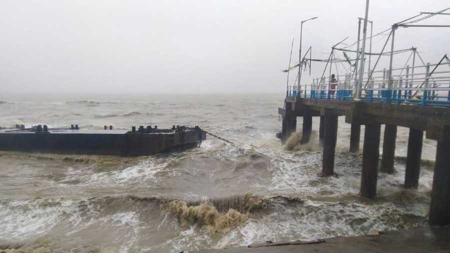 The Kachuberia jetty on Sagar island collapses due to the impact of Cyclone Amphan, near Sunderbans area in south 24 Parganas district