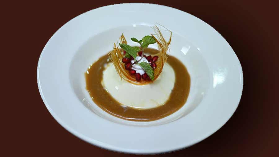 Nolen Gur Panna Cotta from Canteen Pub & Grub, dressed with a slather of jhola gur.