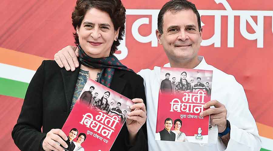 Priyanka and Rahul at the launch of the Employment Manifesto in New Delhi on Friday.