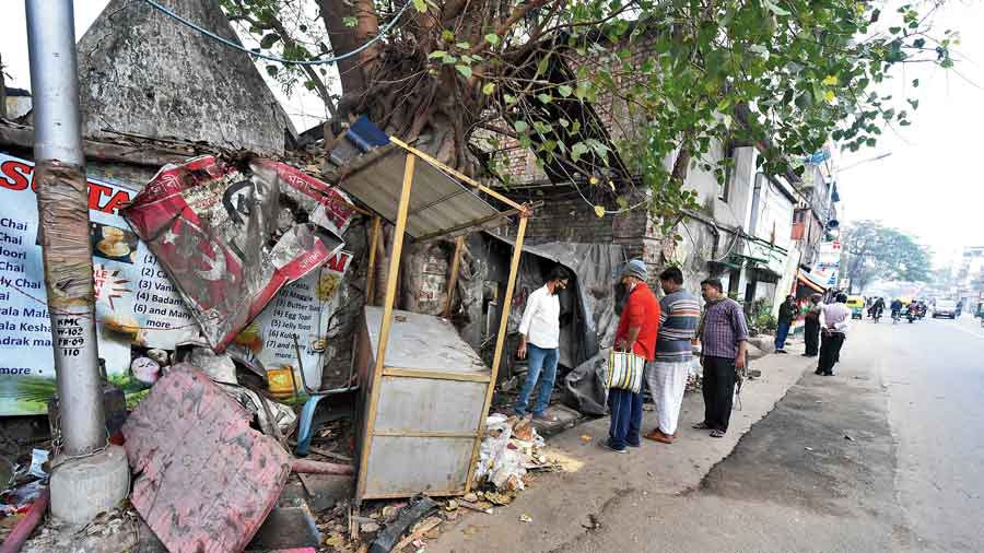 The roadside stalls that were damaged in the accident in Jadavpur on Saturday night.