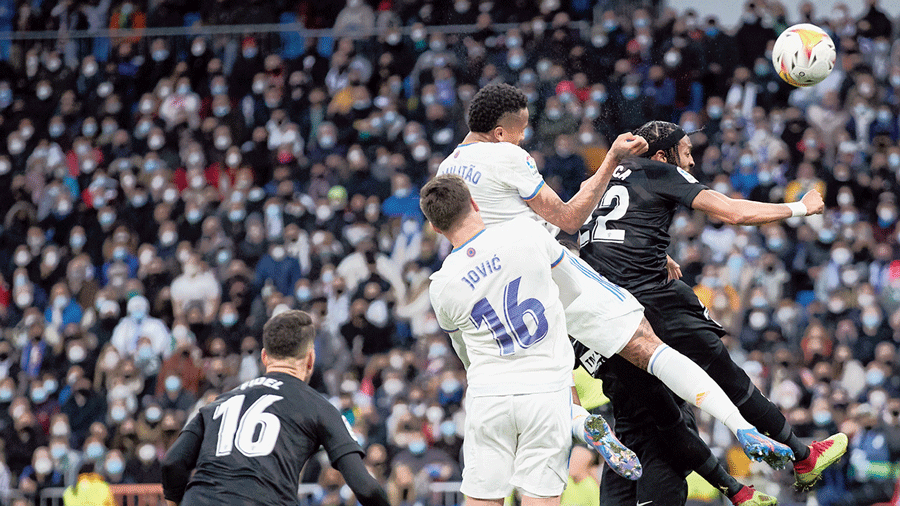 Eder Gabriel Militao scores Real Madrid’s second goal during the La Liga match against Elche at the Bernabeu  on Sunday. 