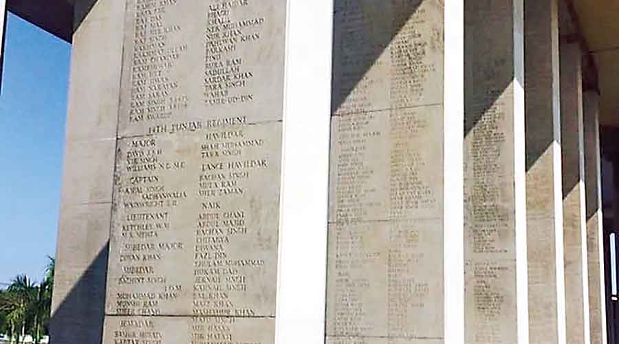 Memorial column with the names of Aiyar’s grandfather and other deceased of his regiment at the Taukkyan War Cemetery, Myanmar.