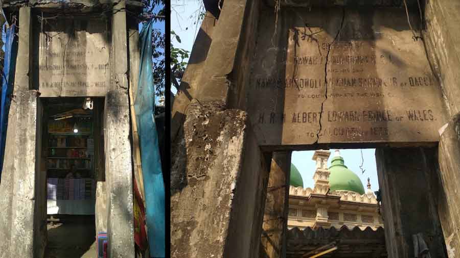 The small and damaged memorial erected for the visit of HRH Prince Albert Edward of Wales to Calcutta in 1875