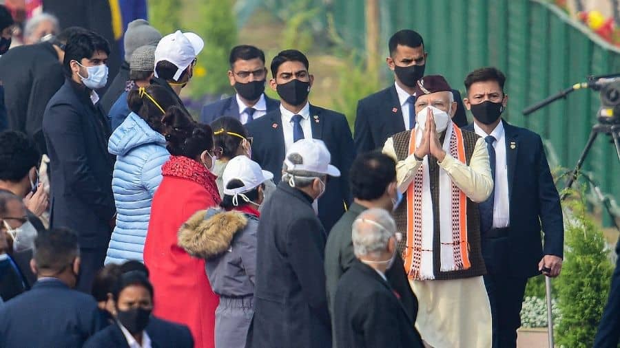 Prime Minister Narendra Modi arrives to witness the Republic Day Parade 2022, at Rajpath in New Delhi.