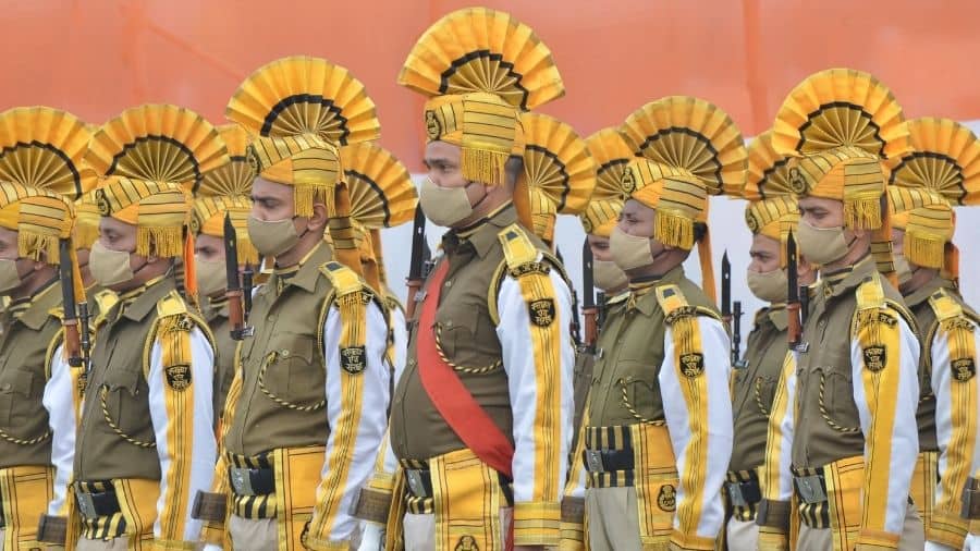 Central Industrial Security Force (CISF) during the parade of Republic Day celebration at Randhir Prasad Verma Stadium, Dhanbad
