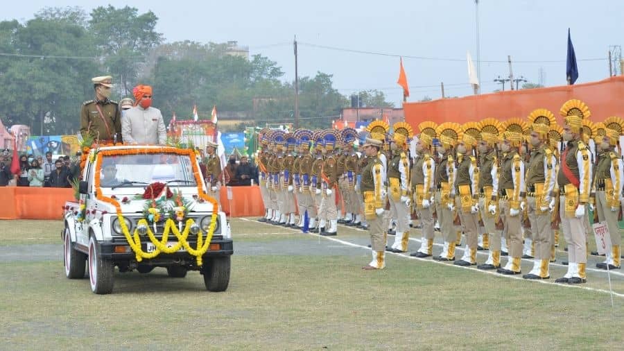 Deputy Commissioner Sandip Singh inspecting the guard of honour during republic day celebration at Randhir Prasad Verma Stadium, Dhanbad today. 