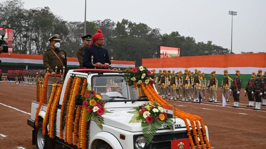 Governor Ramesh Bais inspects the parade during R-Day programme in Ranchi.