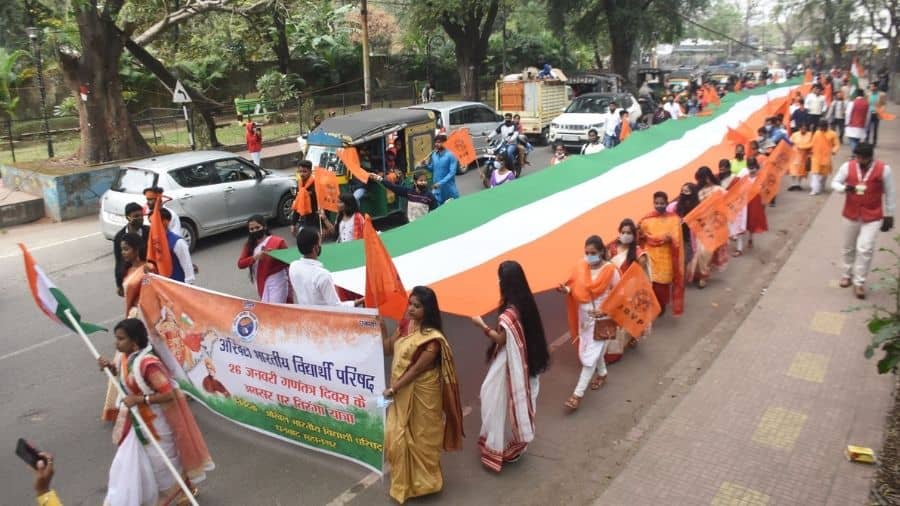 Students under the banner of ABVP celebrate 73rd Republic Day with 75 feet tricolour in Dhanbad.
