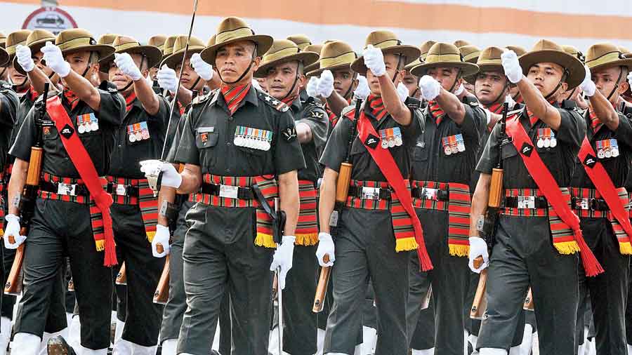 A contingent of the 16th Bn, Assam Regiment, marches down Red Road during the Republic Day parade on Wednesday.  With its regimental centre in Happy Valley, Shillong, Assam Regiment was raised in June 1941 to ward off the Japanese attack through Northeast India during the Second World War.