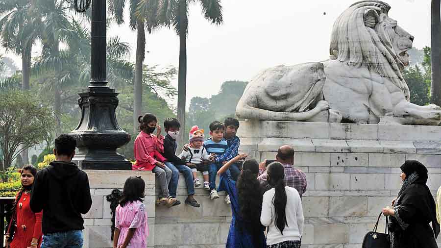 Visitors outside the Victoria Memorial on Wednesday afternoon.