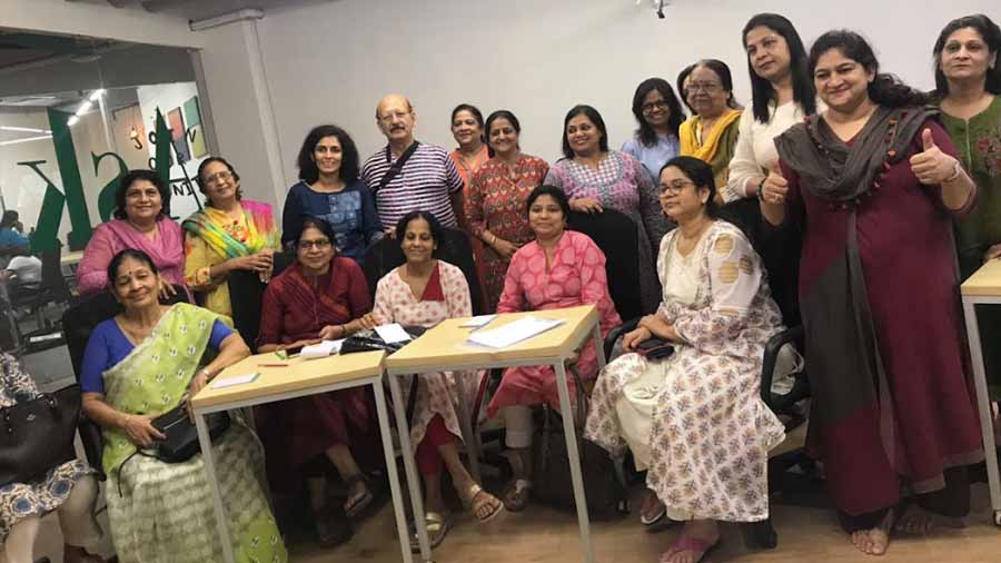 Neelam and Pinki with eager-to-learn senior citizens at Openhouse on June 11, 2019