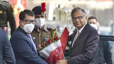Air India CMD Vikram Dev Dutt welcomes Tata Sons Chairman Natarajan Chandrasekaran on his arrival at Air India office, in New Delhi.