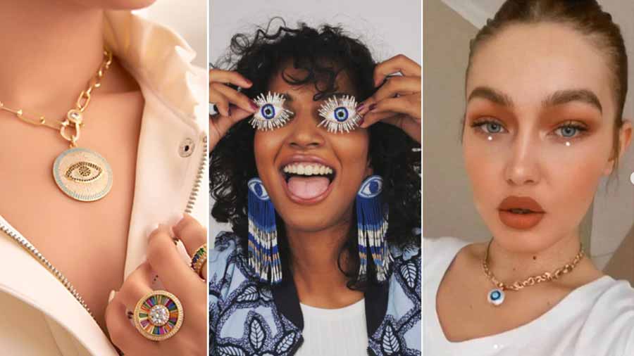 Bansri Mehta’s detachable evil eye medallion, Delhi designer Olivia Dar’s evil eye maxi earrings and Gigi Hadid’s Martha Calvo charm 