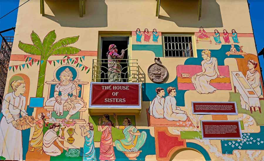 SISTER ON WALLS: The Bagbazar residence of Sister Nivedita, a disciple of Swami Vivekananda, in north Kolkata gets a fresh coat of paint and murals on its facade on Saturday, January 29. Nivedita’s house, now Sister Nivedita Heritage Museum & Knowledge Centre, remains closed to the public due to the ongoing pandemic situation. However, Mother’s House, popularly known as Sri Sri Maayer Bari, a little distance away, will allow entry of visitors from February 1. The Ramakrishna Mission headquarters at Belur, Howrah, continues to be closed to the public