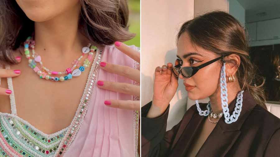 Mehak Birdi’s The Cherry Bomb Club has cool charm trinkets (L); chunky, multi-use chains are one of the biggest Instagram trends (R)