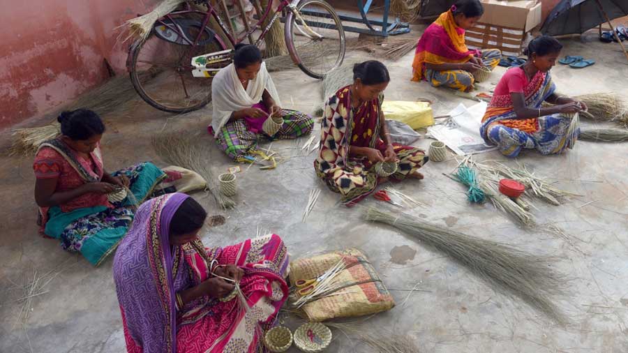 Women weave sabai grass, a natural fibre, which grows abundantly in Mayurbhanj district 