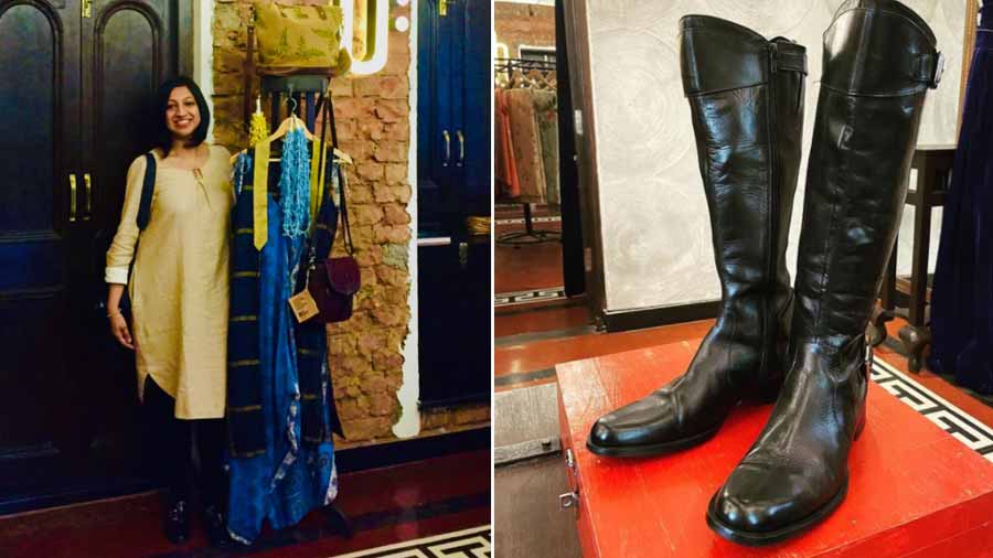(Left) Mridula Pai at Mono Calcutta; (right) a pair of pre-owned Esprit knee-high boots from Love Me Twice’s line-up