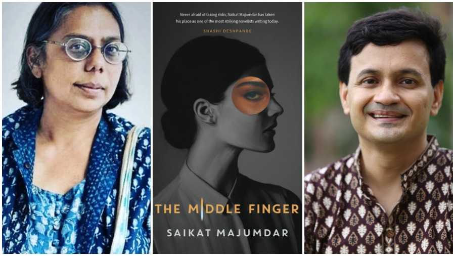 (L-R) Ruchira Gupta, Cover page of the book The Middle Finger, Author Saikat Majumdar