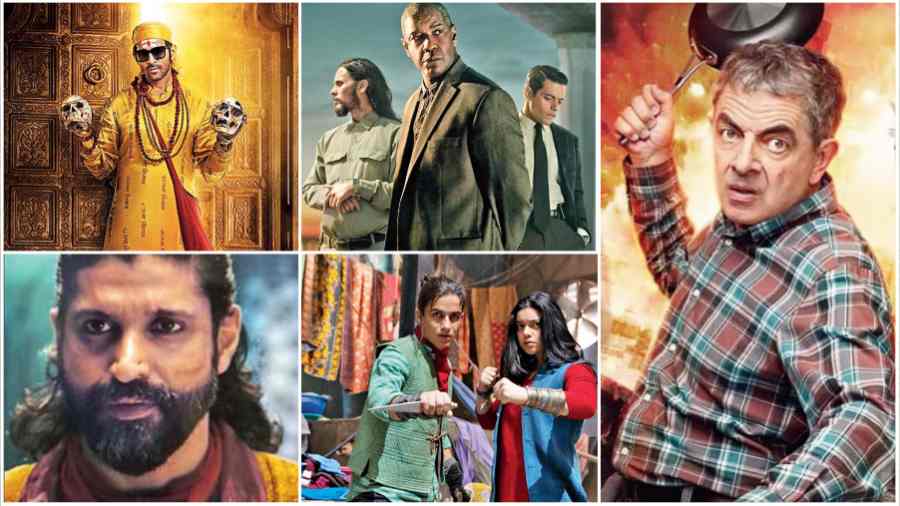(L-R Clockwise from left top) Kartik Aaryan in Bhool Bhulaiyaa 2; (L-R) Jared Leto, Denzel Washington and Rami Malek in The Little Things; Rowan Atkinson in Man vs Bee; Iman Vellani (right) and Aramis Knight in Episode 4 of Ms Marvel; Farhan Akhtar pops in and out as Waleed in Episode 4
