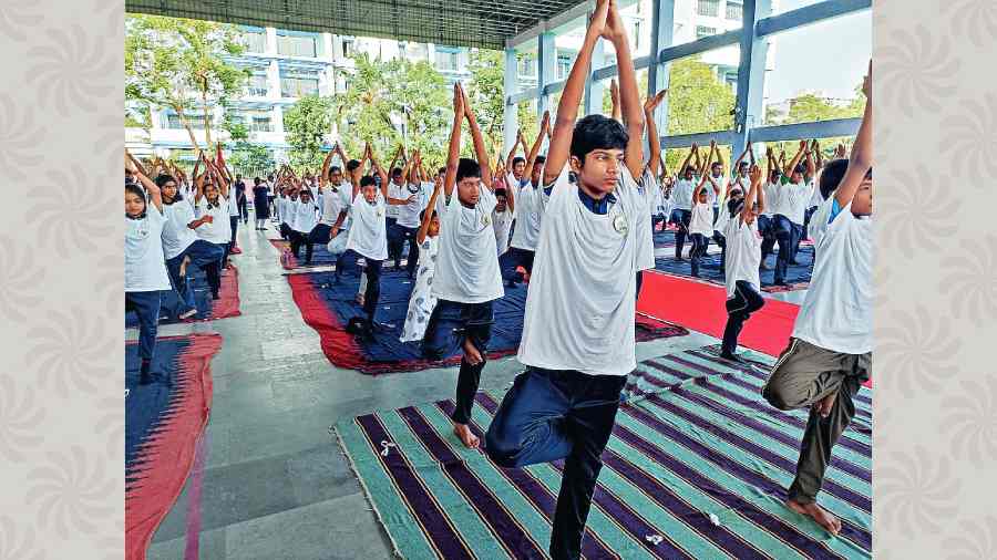 Students perform asanas at Kendriya Vidyalaya 1