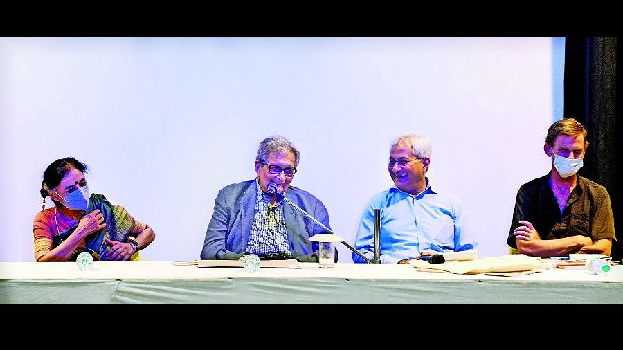 Anita Rampal, Amartya Sen, AK Shivakumar and Jean Drèze at the panel discussion at the Amartya Sen Research Centre in Salt Lake on Thursday