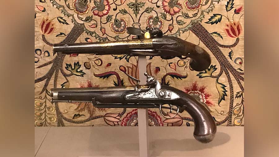 Tipu’s pistols: Walnut and steel overlaid with gold and signed by the maker, Sayyid Masum, who manufactured it in 1796 at Seringapatnam