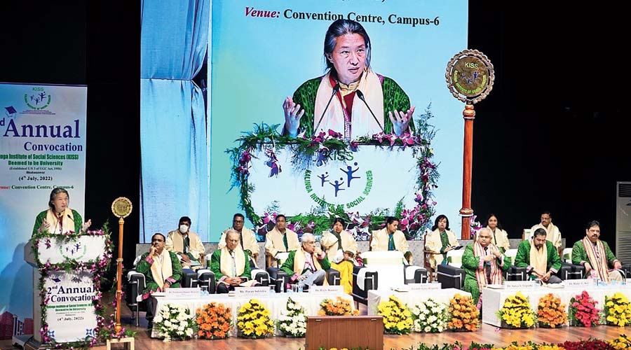 Gyetrul Jigme Rinpoche addresses the students at KISS during the institute’s second convocation in Bhubaneswar on Monday