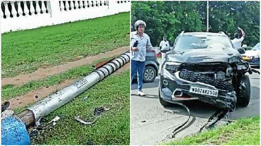An uprooted lamp post along Red Road. The pole was dislodged after an SUV (right) rammed into it at high speed on Monday morning, police said.  No one was injured. The man who was at the wheel of the car has been arrested for rash and negligent driving and mischief